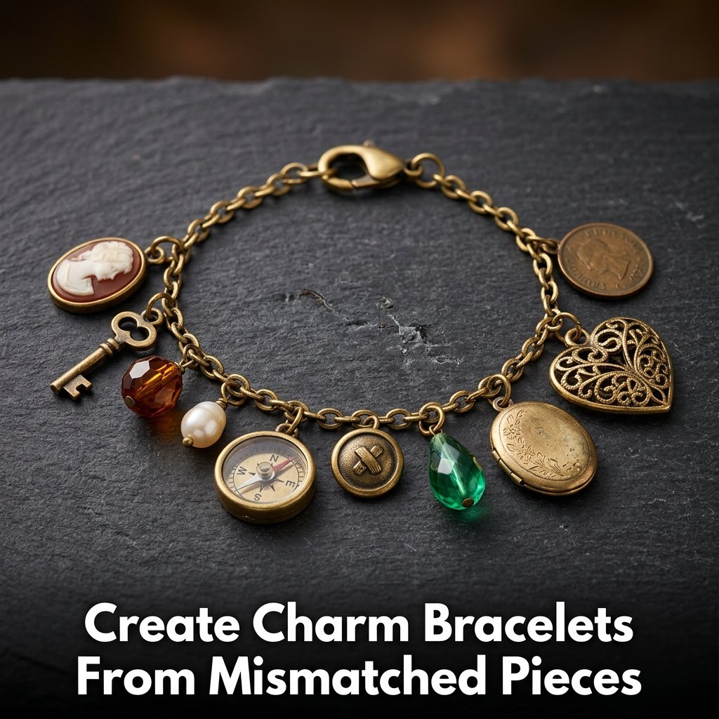 A chunky silver chain bracelet filled with diverse vintage charms, including old coins, small cameos, and colorful glass beads