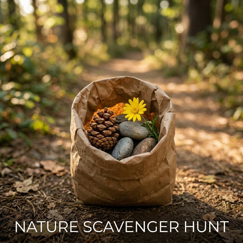 A child's hand holding a brown paper bag and ticking off a checklist item next to a collected pinecone on a grassy trail