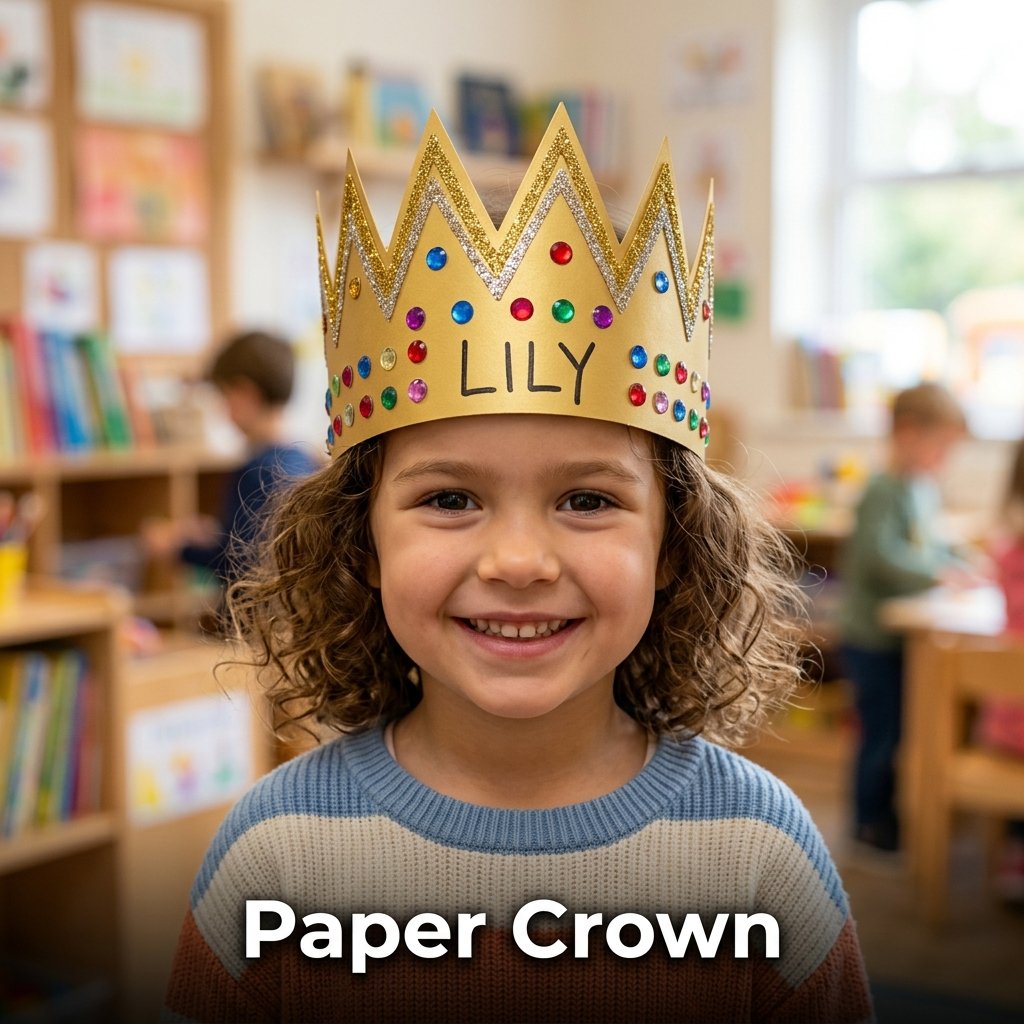 A wearable child-sized gold cardstock crown featuring perfectly symmetrical zigzag points decorated with star stickers and sparkling glitter glue
