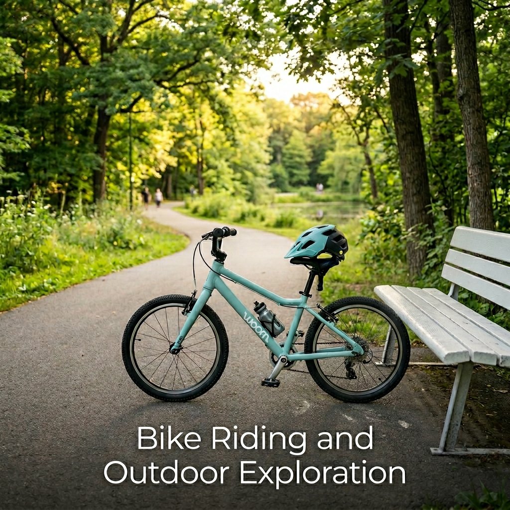 Two smiling children wearing bright blue safety helmets riding their bicycles along a paved park path lined with trees
