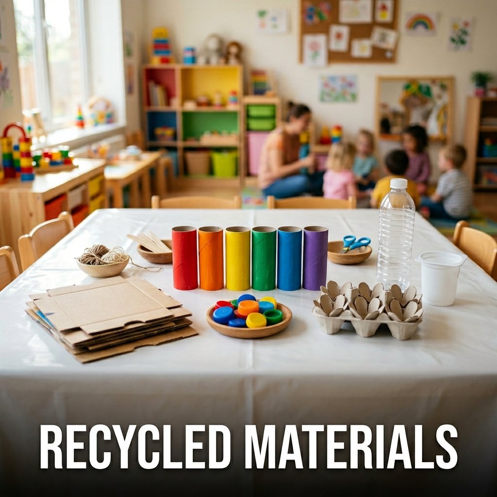 An organized storage box overflowing with clean, upcyclable household waste including sturdy cardboard tubes, empty egg cartons, and colorful plastic bottle caps