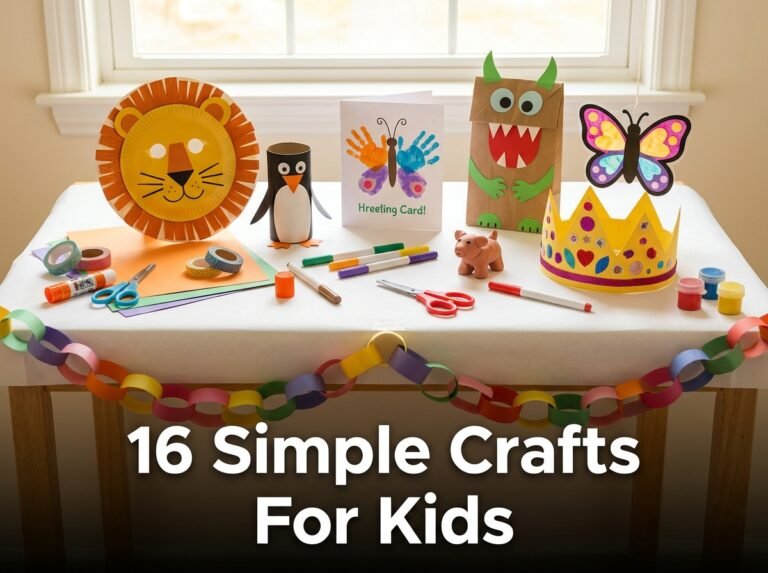 A colorful tabletop workspace featuring simple kid-friendly craft supplies including safety scissors, a glue stick, a paper plate lion face, and a vibrant paper chain garland
