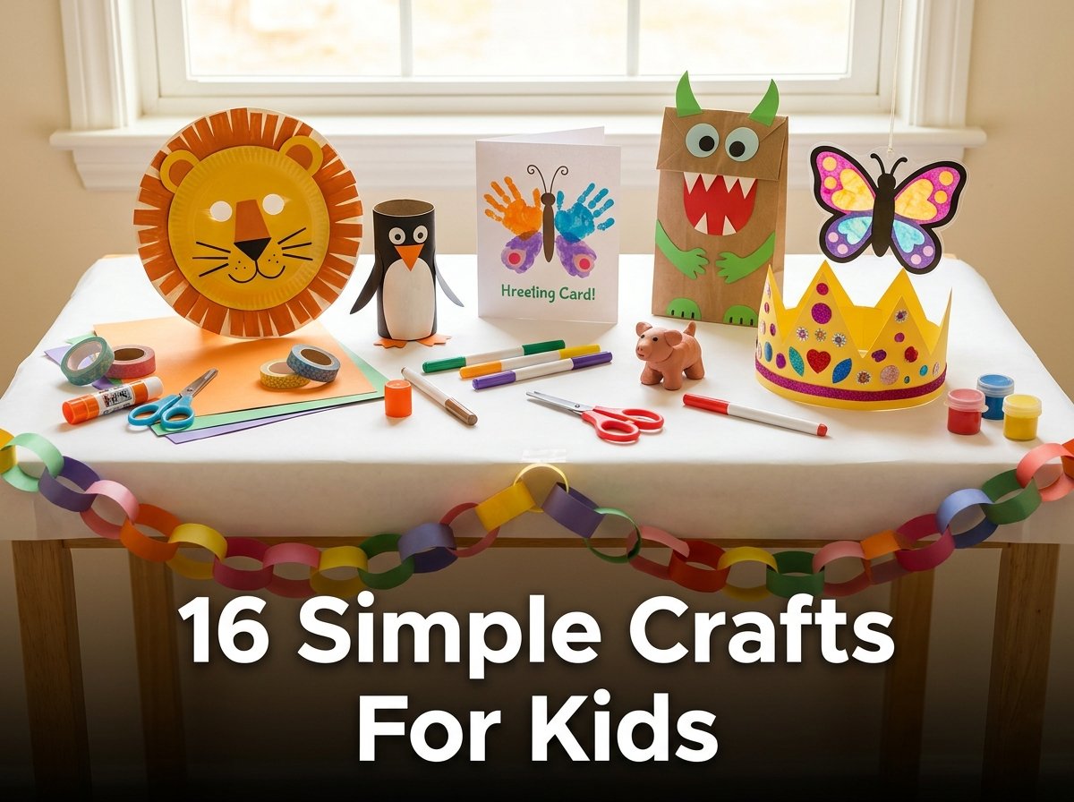 A colorful tabletop workspace featuring simple kid-friendly craft supplies including safety scissors, a glue stick, a paper plate lion face, and a vibrant paper chain garland