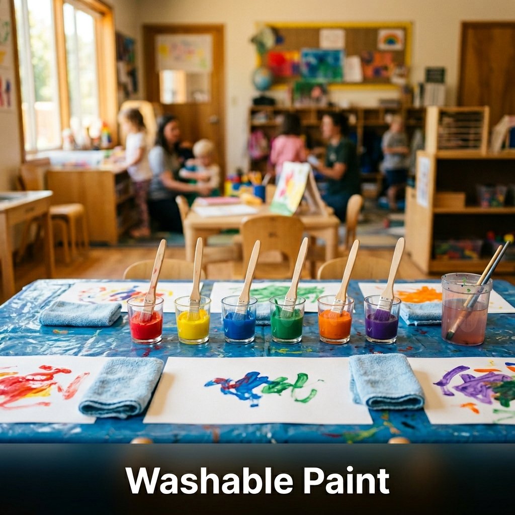 Four small pots of bright, non-toxic washable finger paint in vibrant primary colors with a short, thick-handled toddler paintbrush resting nearby