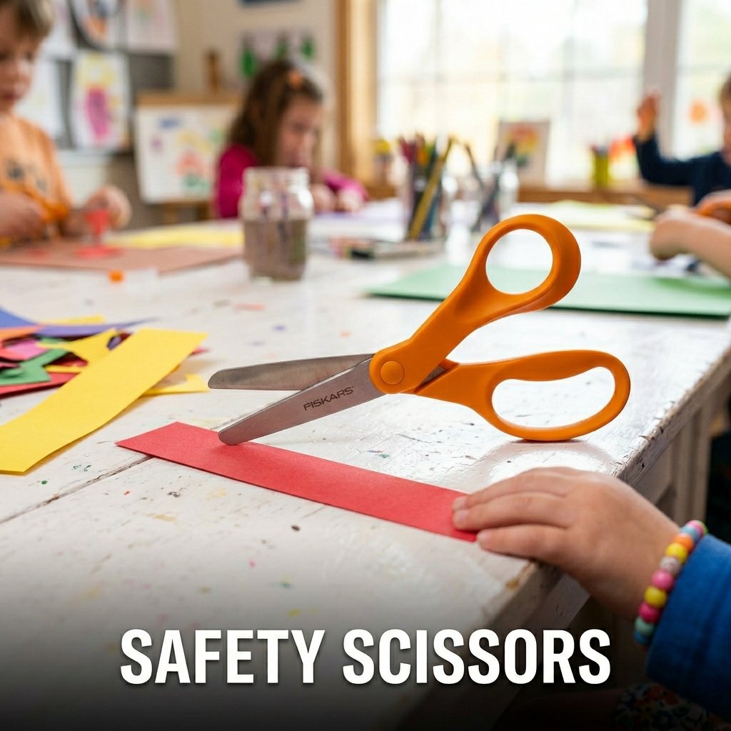 A colorful assortment of lightweight plastic safety scissors with completely rounded tips and brightly hued handles neatly arranged in a storage cup