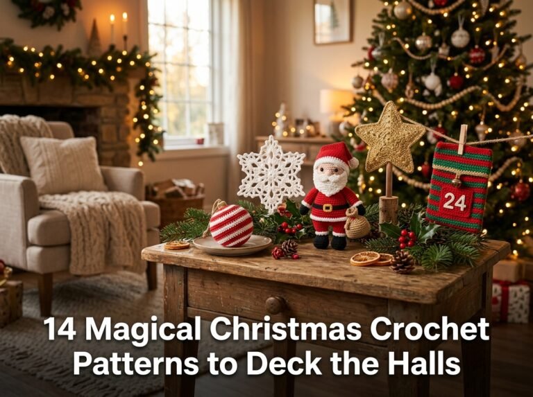 A cozy collection of handmade Christmas crochet decorations including a red-striped ornament ball, a delicate white lace snowflake, and a small amigurumi Santa Claus on a wooden table.
