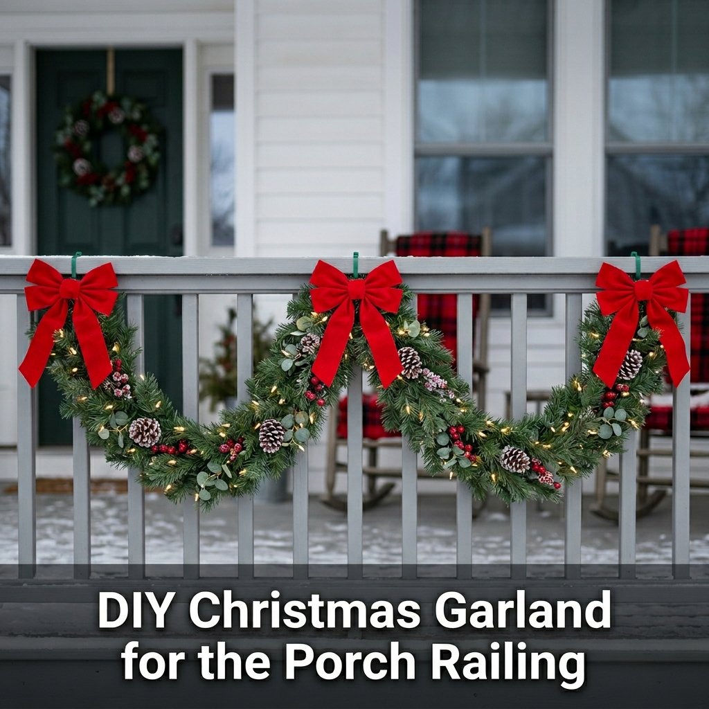 A thick, luxurious pine garland wrapped along a dark front porch railing, decorated with red bows and a strand of miniature outdoor Christmas lights