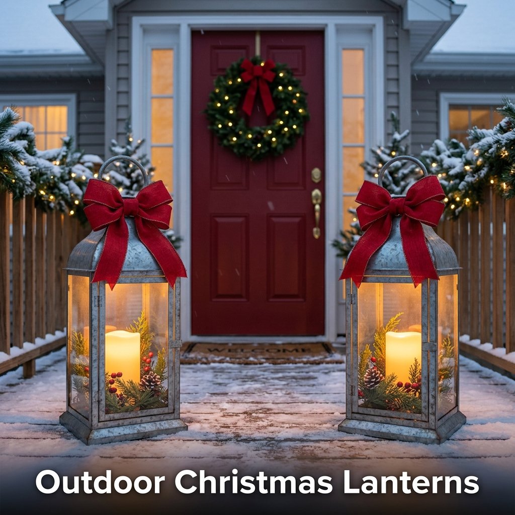 Two heavy galvanized metal lanterns resting beside a front door, each housing a thick LED pillar candle surrounded by real cedar sprigs