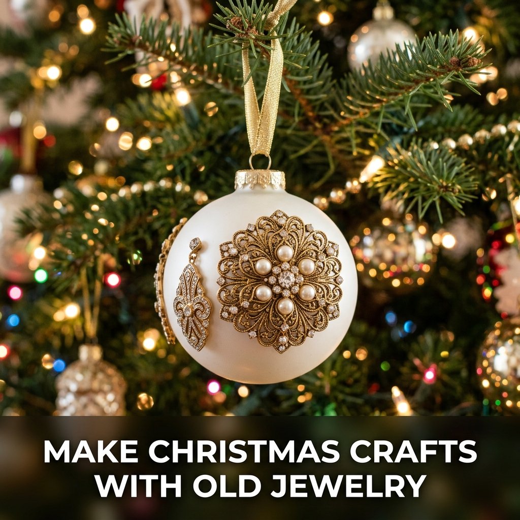 A matte gold Christmas ornament decorated with glued-on vintage rhinestones and broken earring pieces