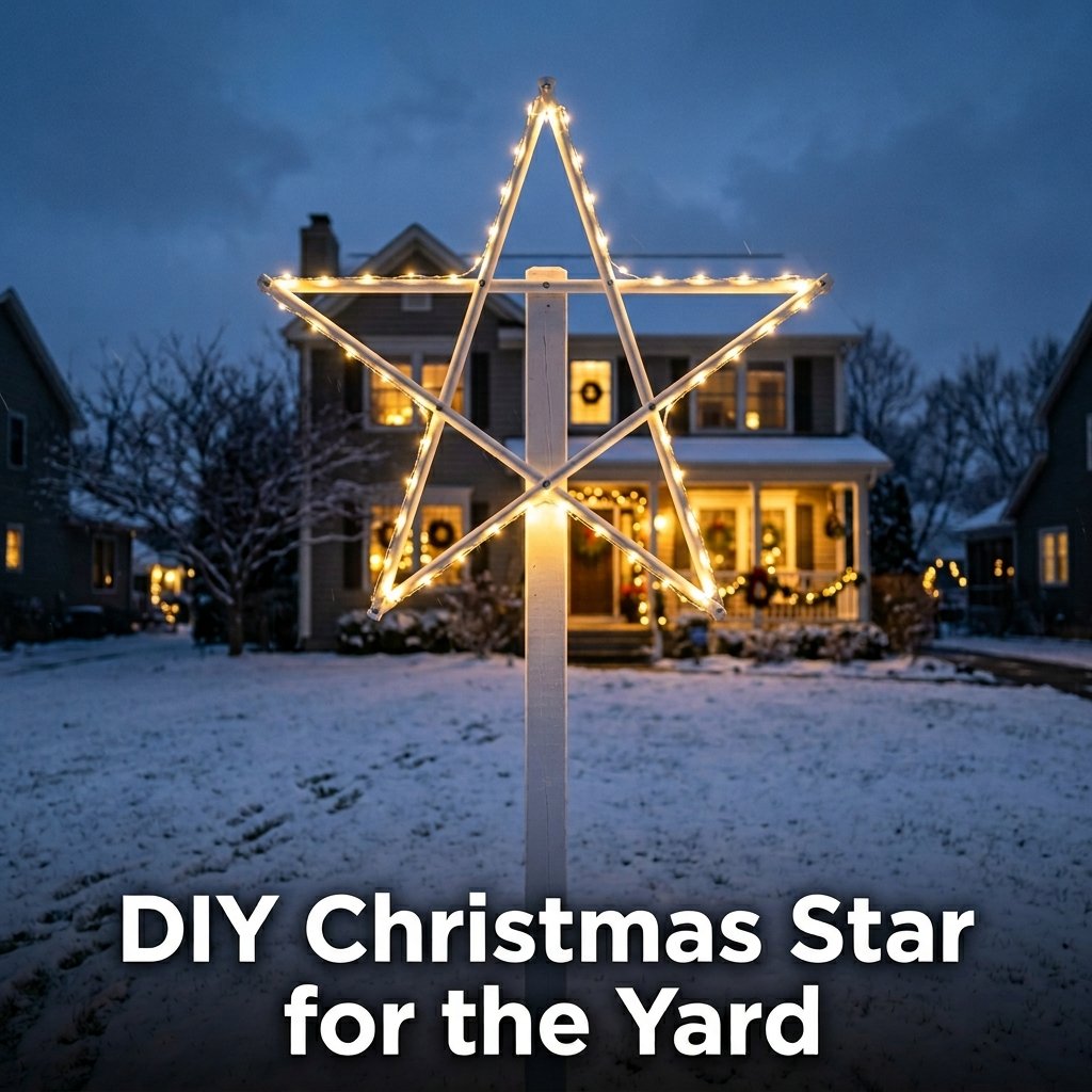 A large four-foot star constructed from clean white wooden dowels and wrapped in twinkling white lights, standing high on a sturdy wooden lawn post