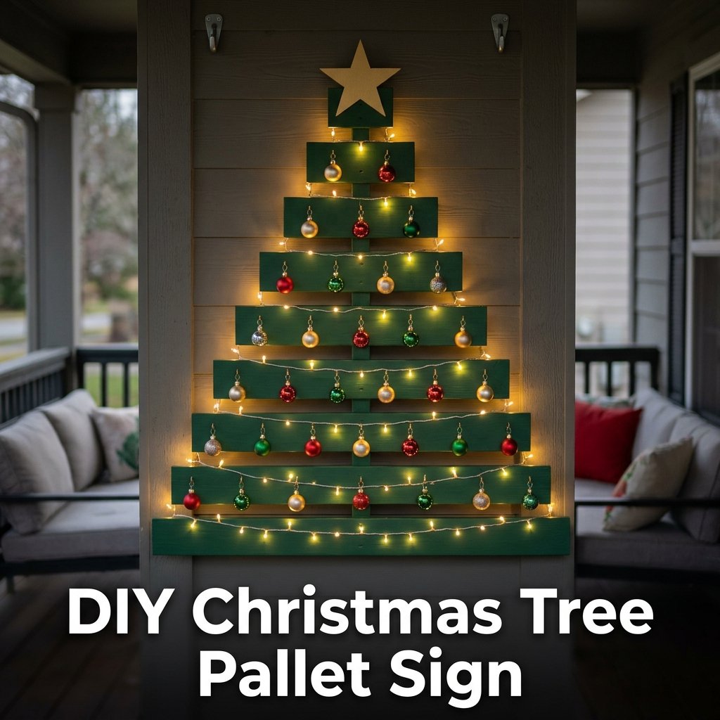 A rustic wall-mounted pallet board sign cut into a tree silhouette, painted forest green and strung with mini festive lights on a cozy porch