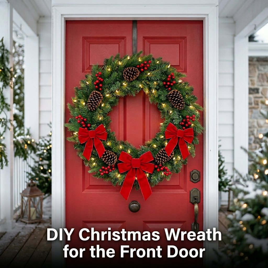 A small 12-inch evergreen wreath decorated with tiny red berry sprigs, securely zip-tied to the wooden post of a standard roadside mailbox