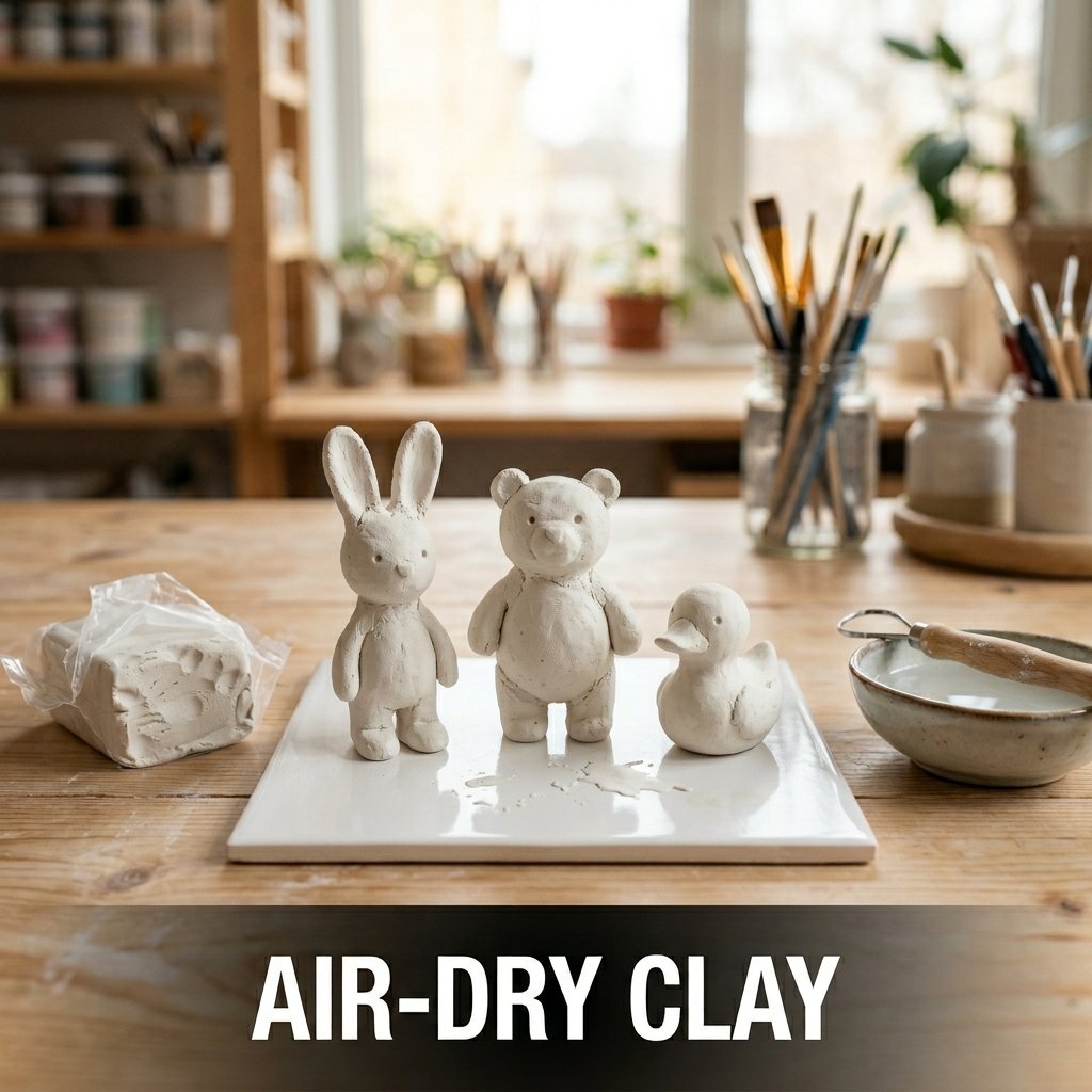 A small, beautifully sculpted cartoon animal figure made from ultra-lightweight white air-dry clay drying naturally on a wire cooling rack