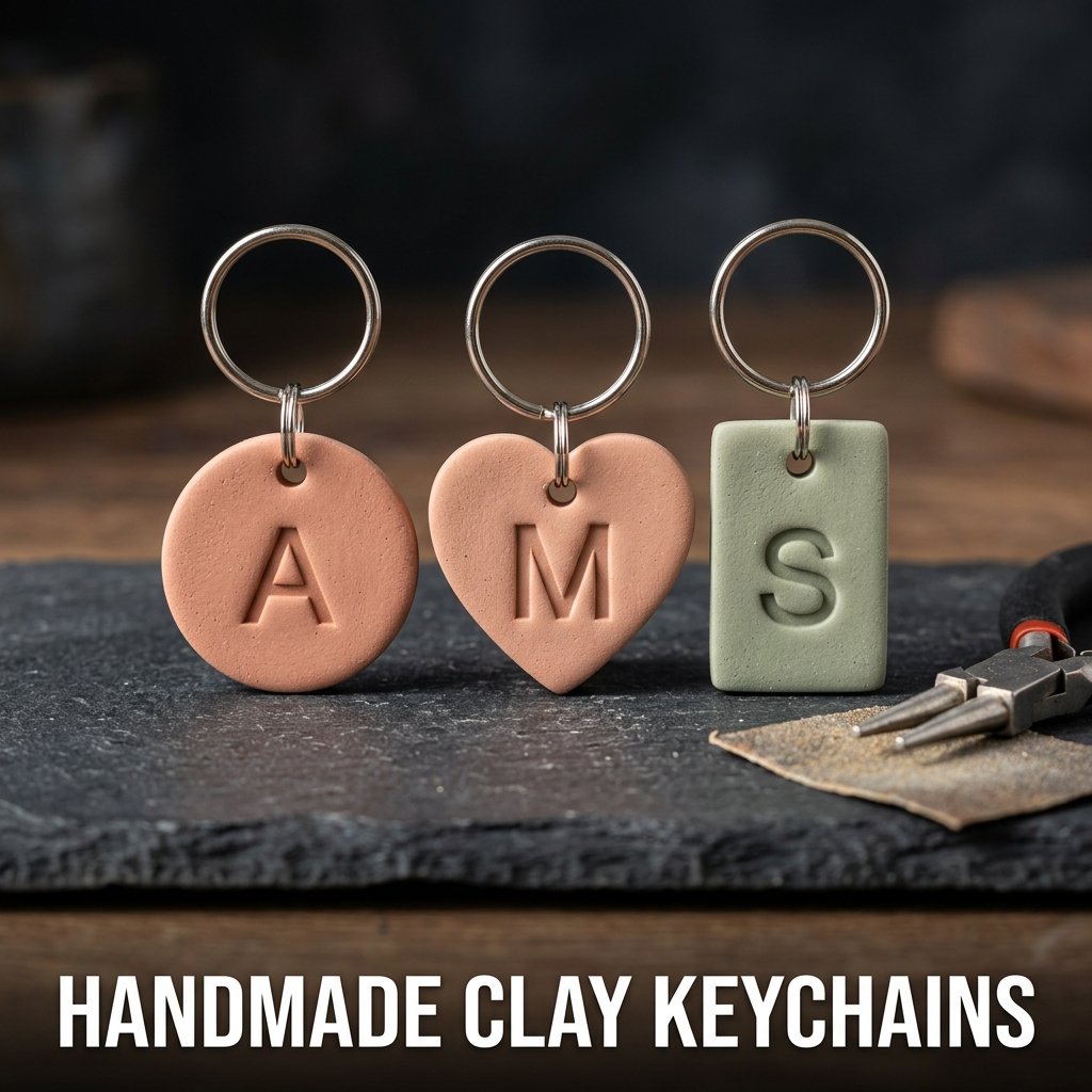 Three stamped polymer clay keychains featuring initials and small stamped heart details attached to silver keyrings