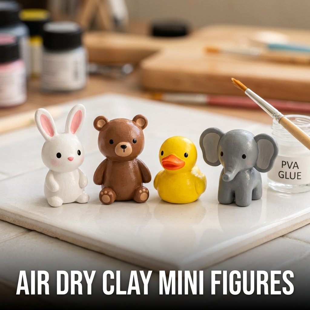 Three small, handmade air-dry clay animal figurines painted with smooth acrylics and sealed to a glossy finish on a ceramic tile