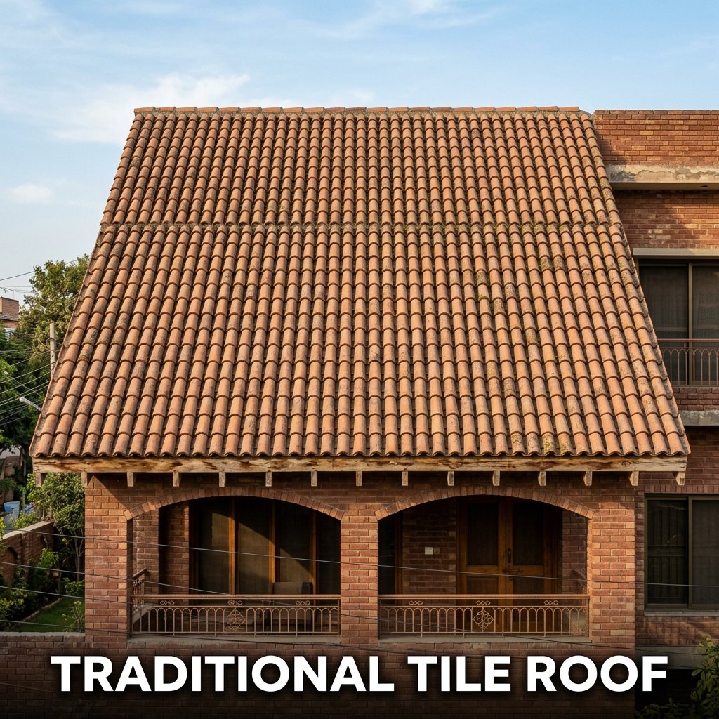 A beautiful, steeply pitched residential roof covered in overlapping, weather-hardened red Mangalore clay tiles against a clear sky