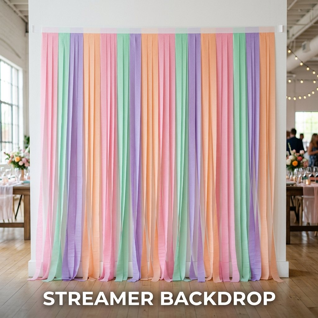A festive party background made of closely spaced, vertical crepe paper streamers in alternating pastel shades of mint green, lavender, and soft pink