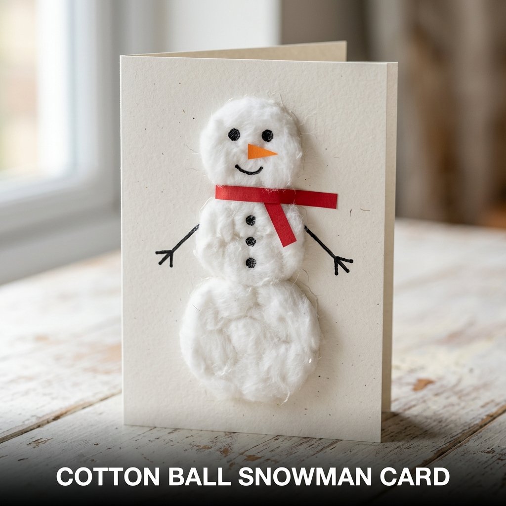A blue greeting card featuring a three-tiered snowman made of fluffy white cotton balls with a tiny orange paper scarf