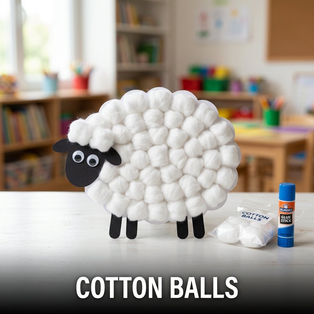 A transparent plastic bin filled with fluffy, clean white cotton balls next to a cute handmade paper plate sheep craft covered in glued cotton
