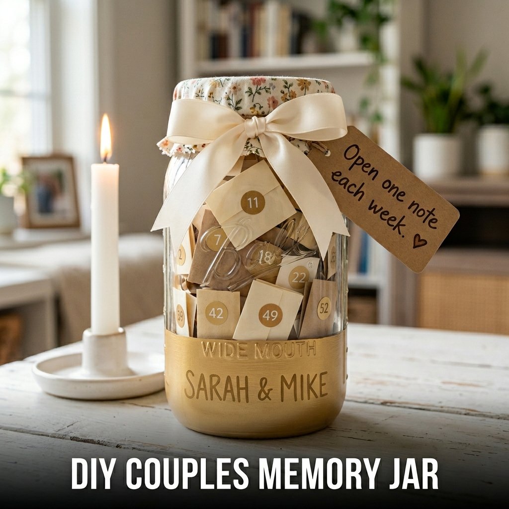 A wide-mouth quart mason jar with its lower third dipped in gold paint, filled to the brim with fifty-two neatly folded and numbered slips of paper.