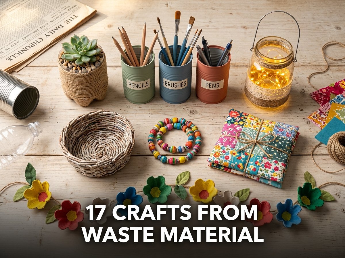 A colorful and organized crafting table displaying a collection of finished upcycled home decorations and desktop organizers made entirely from household waste materials