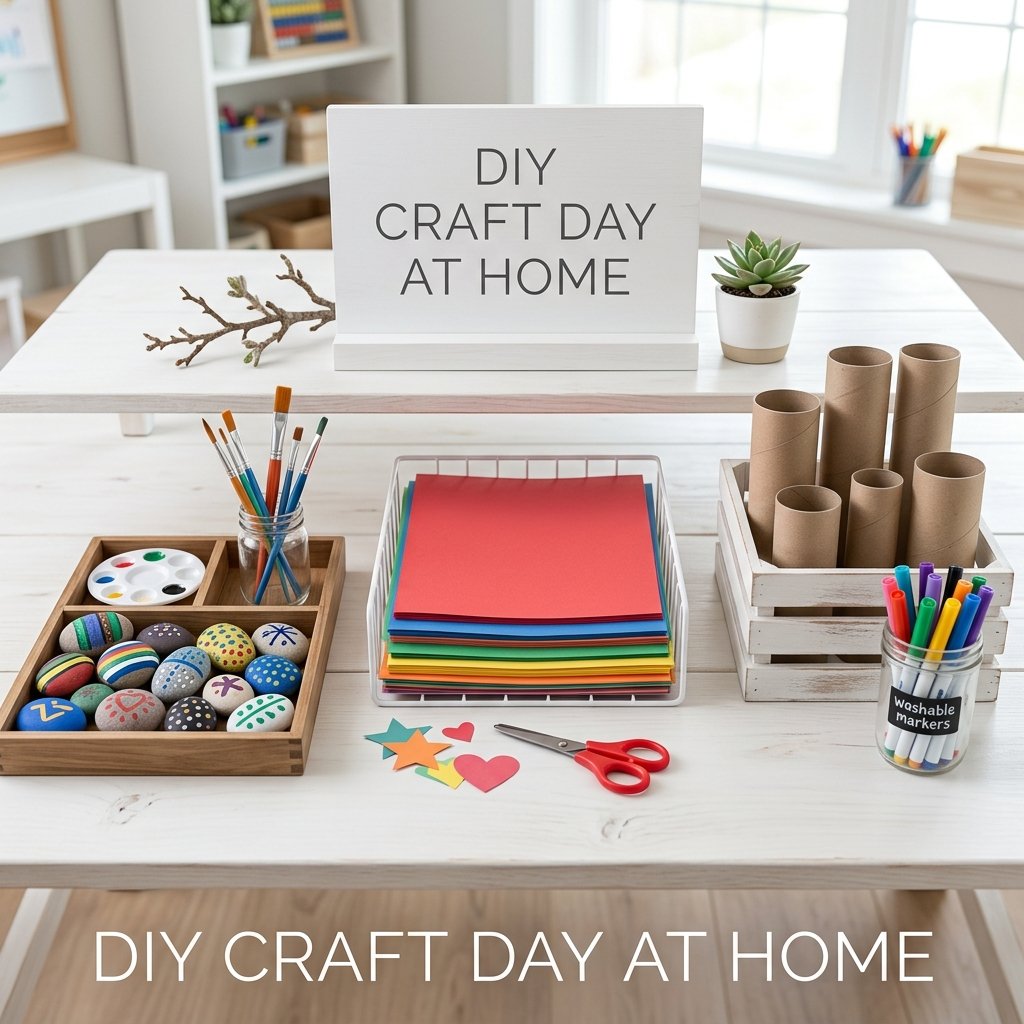 A clean wooden table covered in bright paper bag puppets, painted rocks, and toilet paper roll animals made by kids