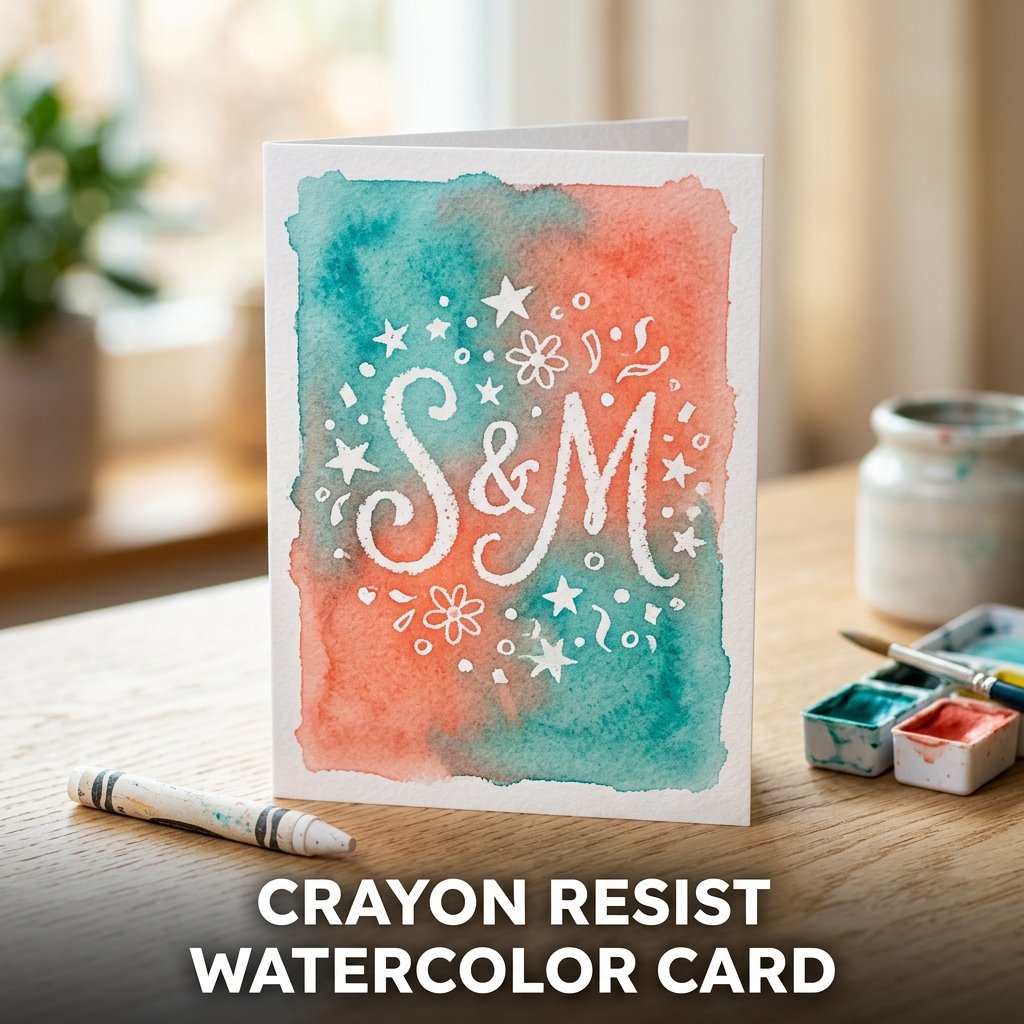 A magical birthday card revealing hidden star and flower patterns in bright white wax against a dreamy pastel rainbow watercolor background wash.
