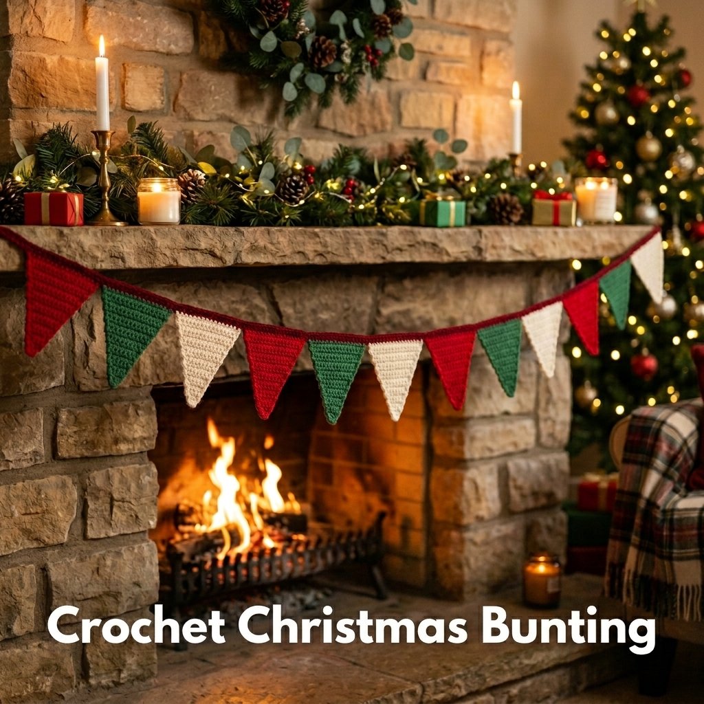 A 2-meter long festive bunting made of red, green, and cream crochet triangle pennants draped across a mantel