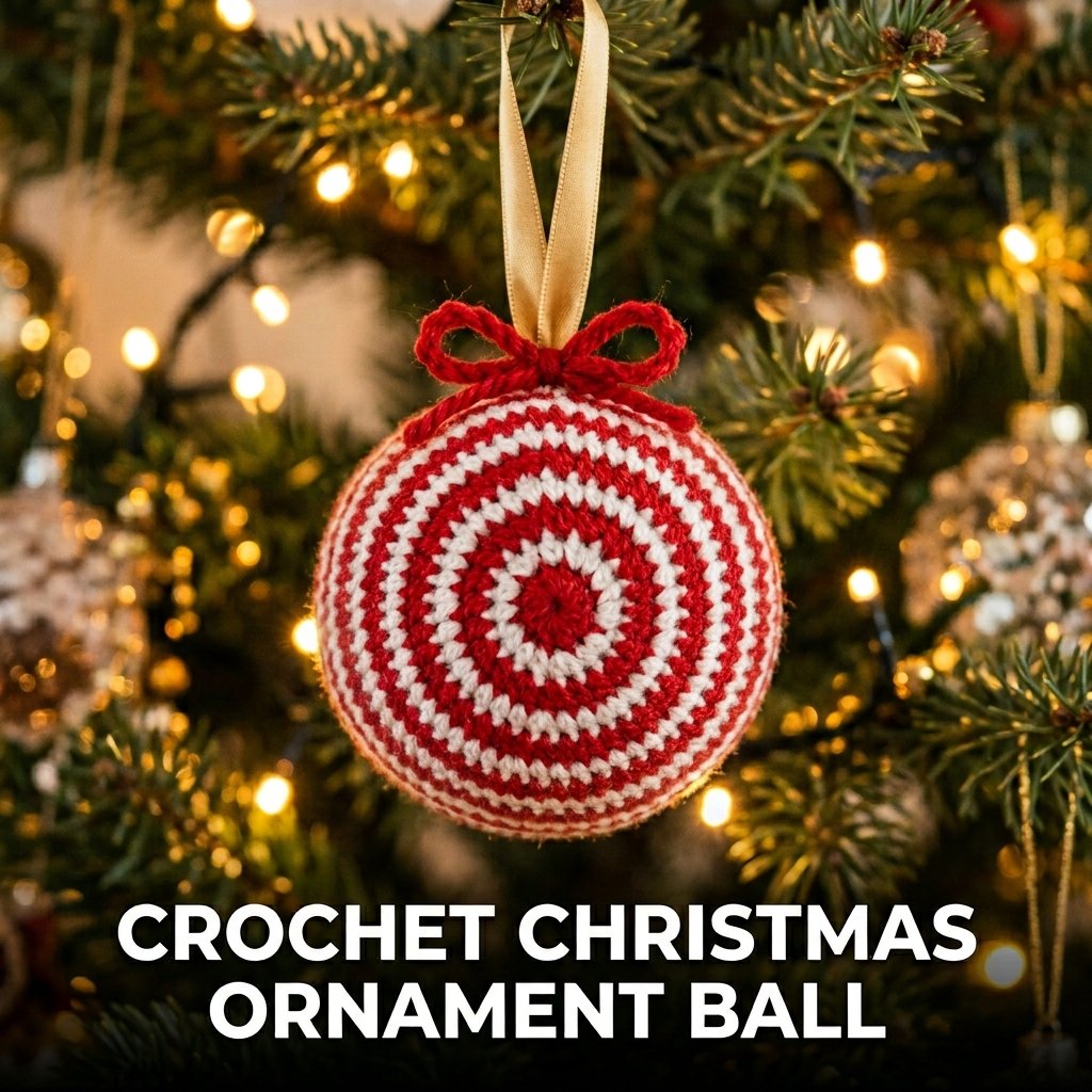 A red and white striped crochet-covered ornament ball hanging from a green pine branch