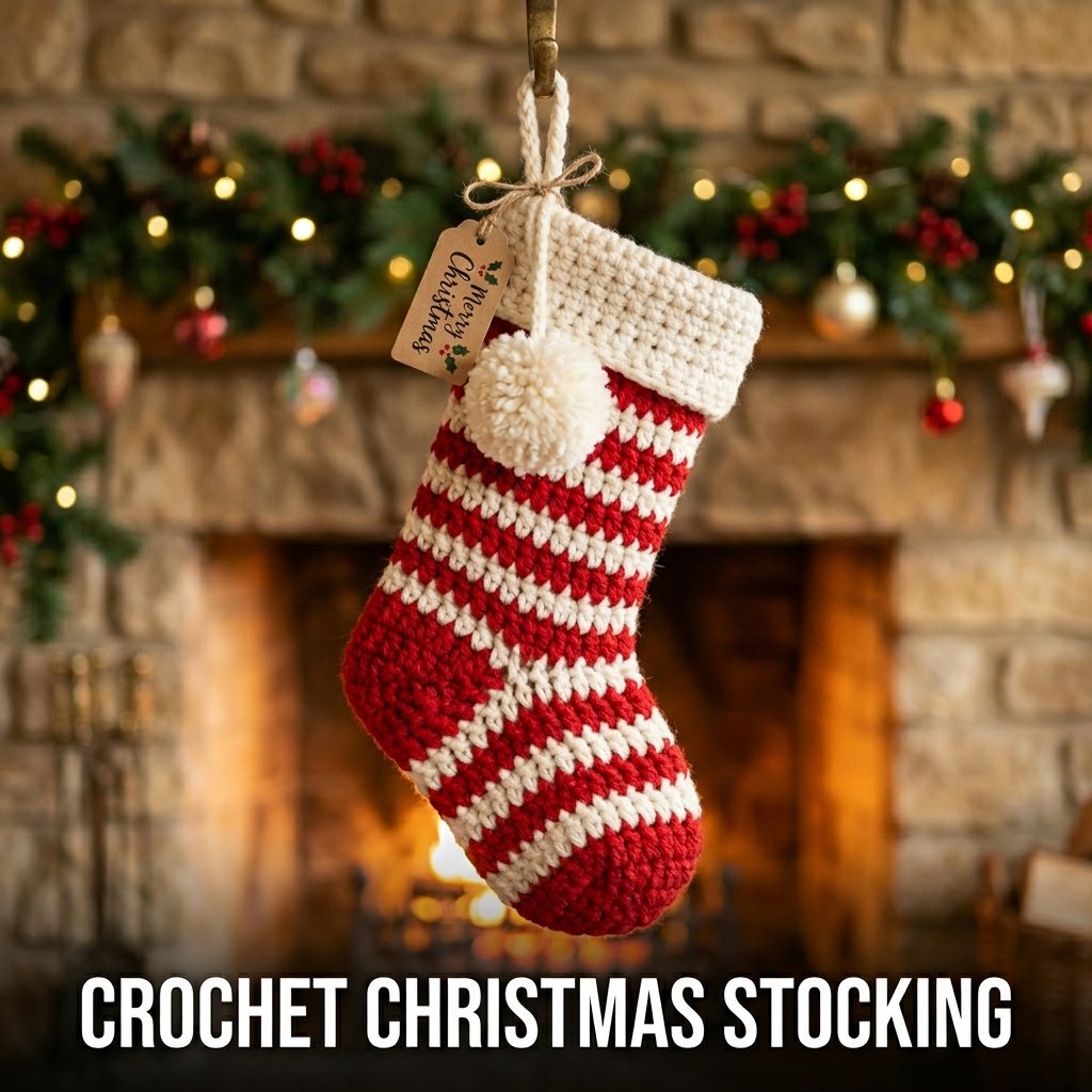 A chunky red and white striped crochet stocking with a thick white cuff hanging from a fireplace mantel