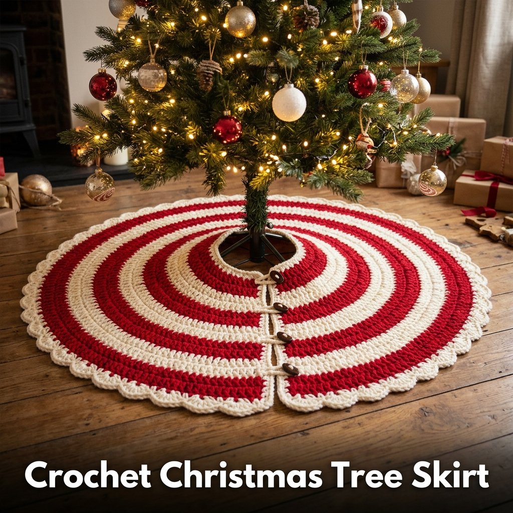 A large circular red and white striped crochet tree skirt resting beneath a decorated holiday tree