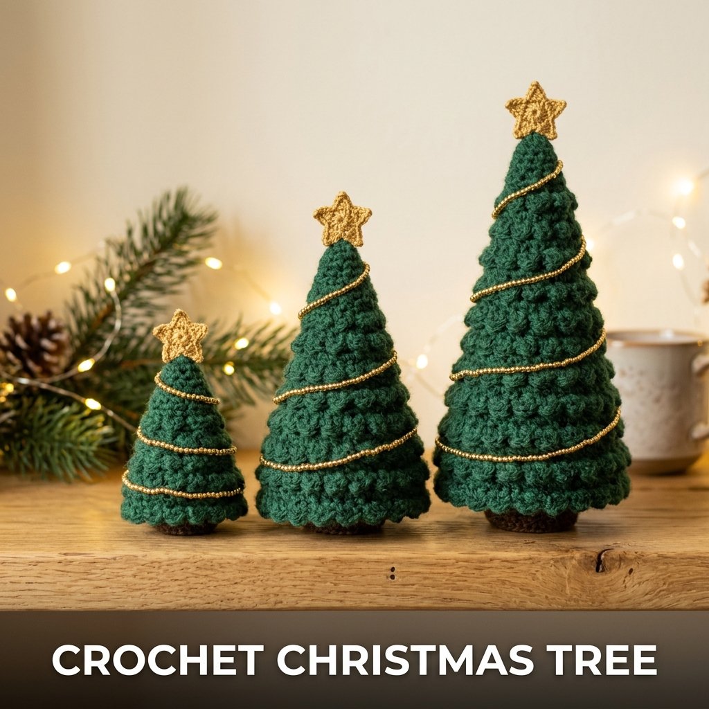 A trio of green cone-shaped crochet Christmas trees in varying sizes standing on a bookshelf