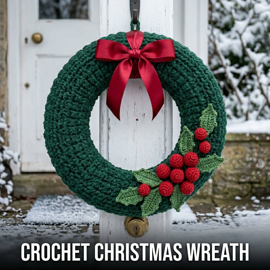 A lush green crochet-covered wreath decorated with small red berries and white flowers on a front door