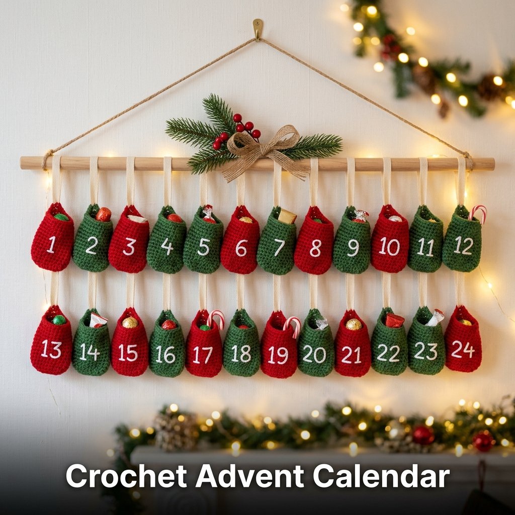 A festive holiday calendar featuring 24 numbered mini red and green crochet gift pouches tied with ribbons onto a hanging wooden rod