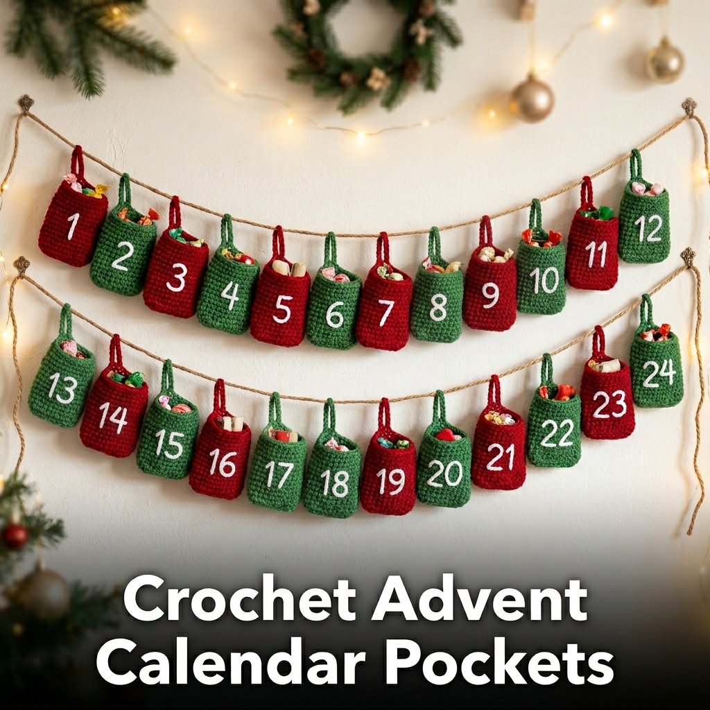 A handmade advent calendar featuring 24 small red and green crochet pockets numbered with white embroidery