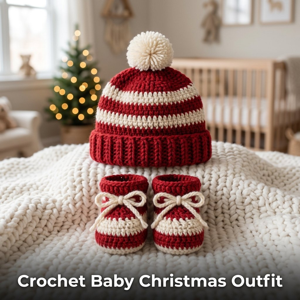 A newborn-sized red crochet hat and matching bootie set with cream-colored trim