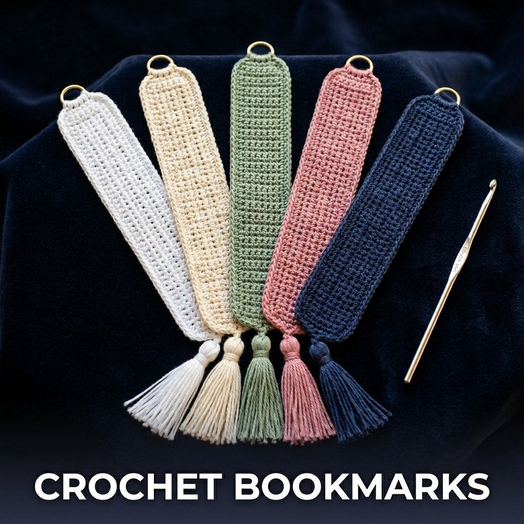 Two thin, fine-thread crochet bookmarks in sage green and soft pink, featuring intricate geometric details and a full, fluffy tassel