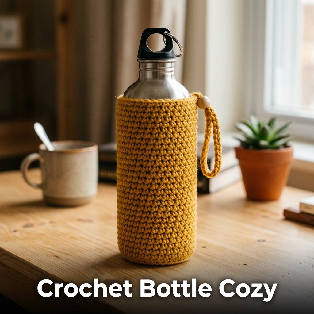 A fitted, stretchy dark blue yarn cozy sleeve with a convenient carrying handle slipped over a stainless steel water bottle