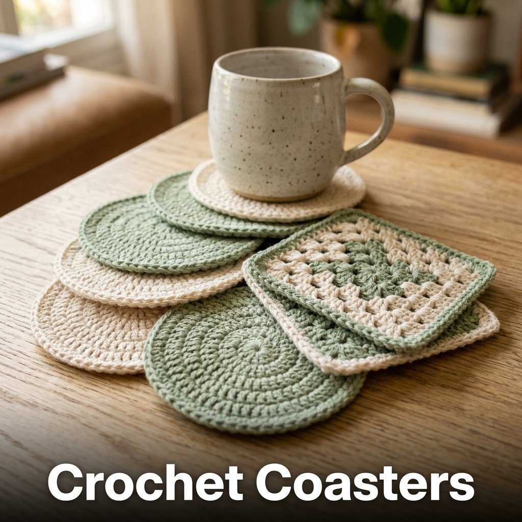 A set of six round, pastel-colored cotton crochet coasters stacked neatly together on a light oak coffee table