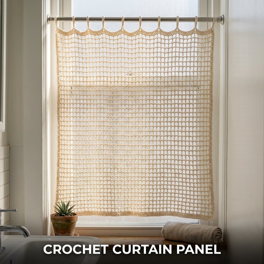 A delicate cream-colored cotton lace crochet curtain panel hanging inside a window frame, filtering soft afternoon sunlight