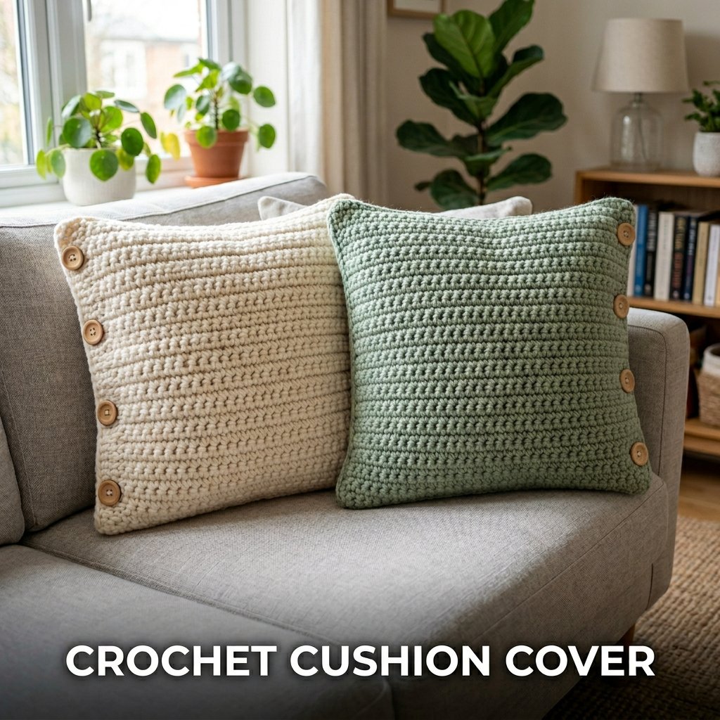 A textured, chunky grey acrylic crochet cushion cover with large wooden button closures resting on a cozy sofa