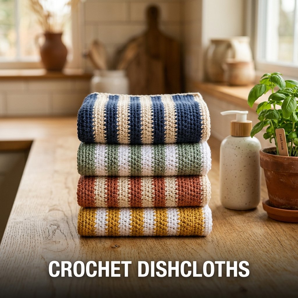 A stack of three square textured crochet kitchen dishcloths in alternating mint green and white stripes