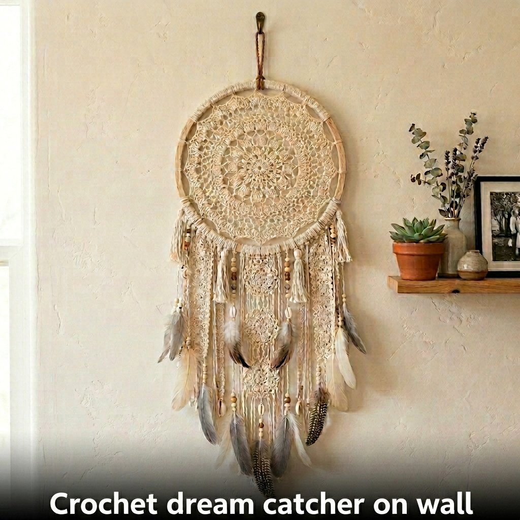 A beautiful boho dreamcatcher featuring an intricate lace crochet web stretched inside a wooden hoop with hanging beads and white feathers