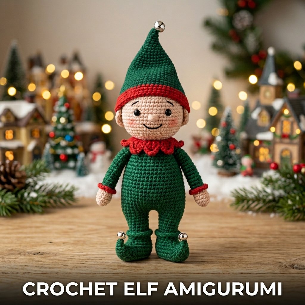 A pair of crochet Christmas elves wearing green tunics and pointed hats with curled-toe shoes