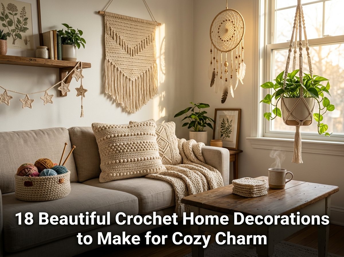 A cozy home interior featuring a handmade crochet boho wall hanging on a wooden dowel, a textured cream cushion cover on an armchair, and a potted plant in a crochet hanger