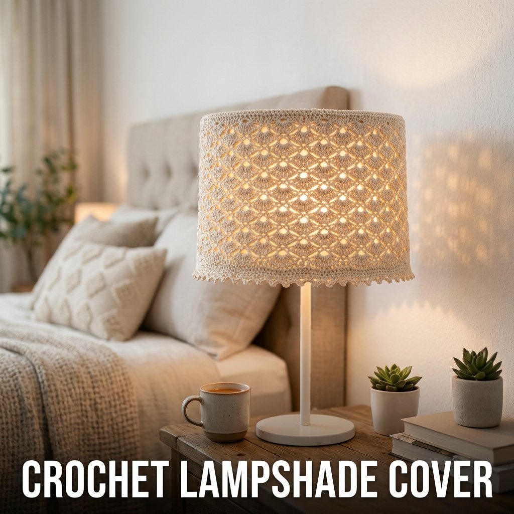 A modern drum lampshade outfitted with a beautiful open-weave shell pattern crochet cover that diffuses light softly