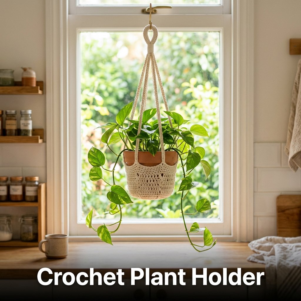 A sturdy off-white cotton rope plant hanger cradling a green leafy pothos plant in a terracotta pot, suspended near a sunlit window