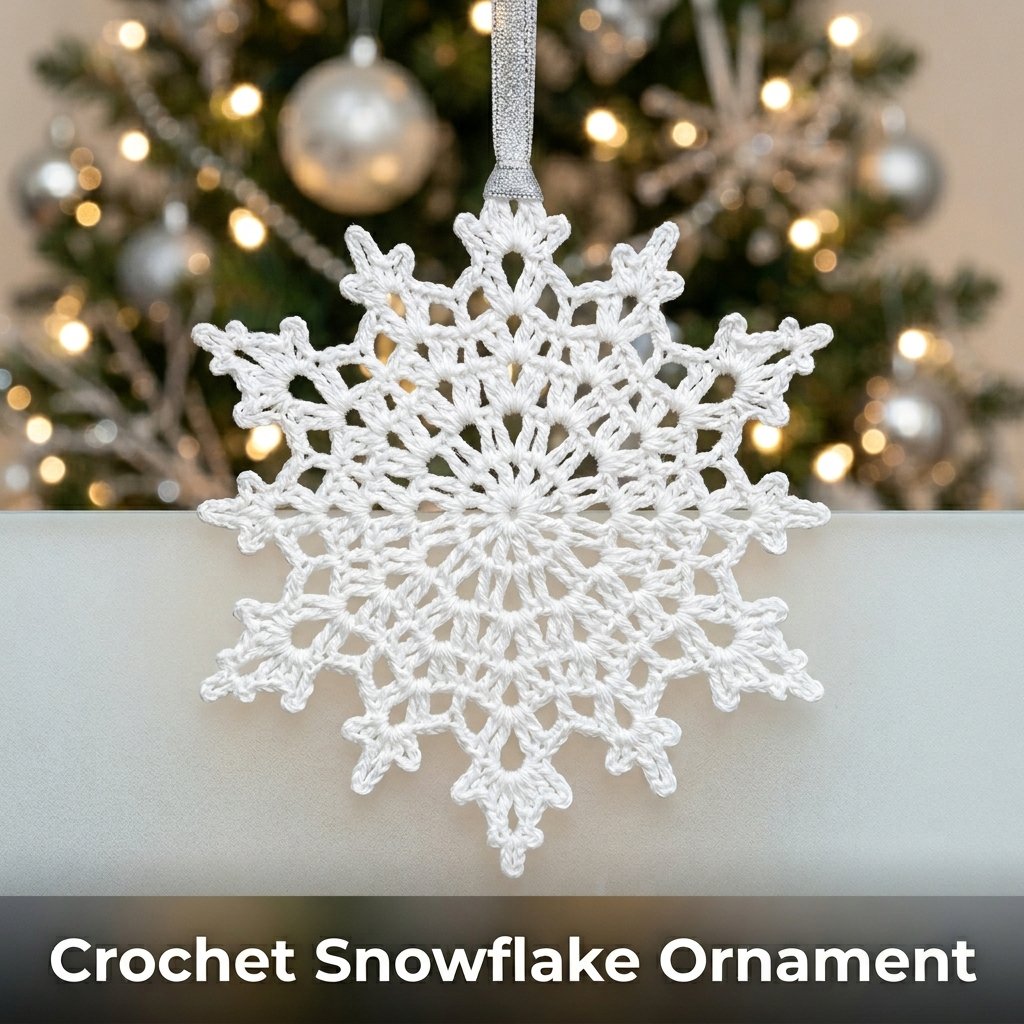 An intricate white cotton crochet snowflake pinned flat on a blocking board to reveal its lace-like geometry.