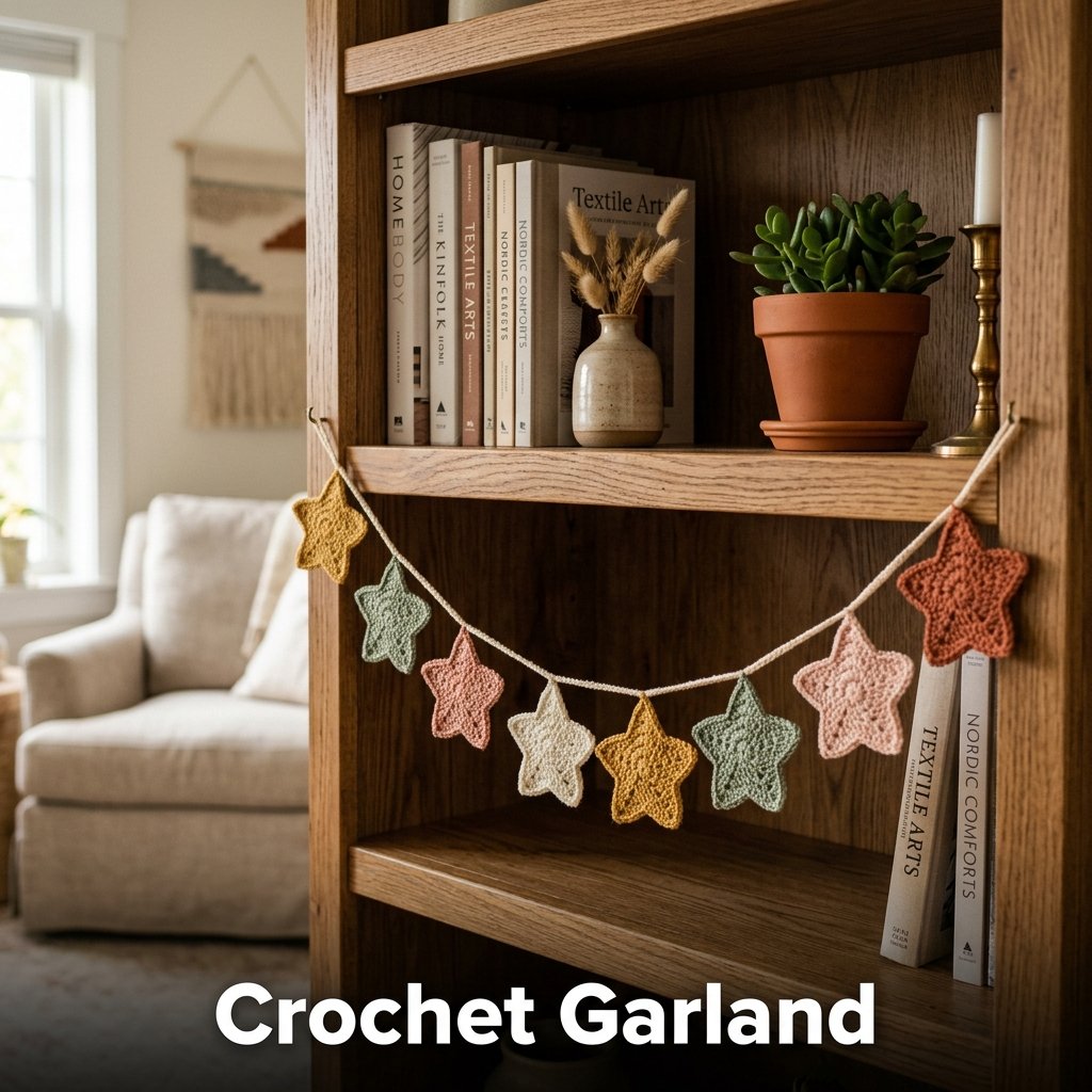 A whimsical decorative garland string featuring a neat row of colorful, multi-colored crochet star motifs hung across a mantlepiece shelf
