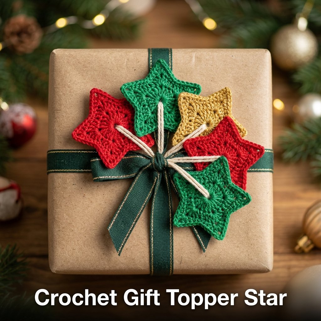 A small golden crochet star tied to a brown kraft paper gift box with rustic twine.